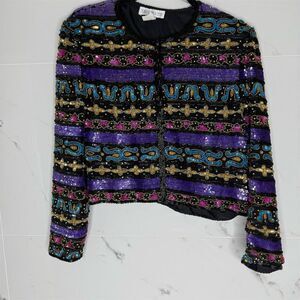 Vintage Tait Mate Women's Sequin Bomber Jacket Size 12 Multicolor Striped​